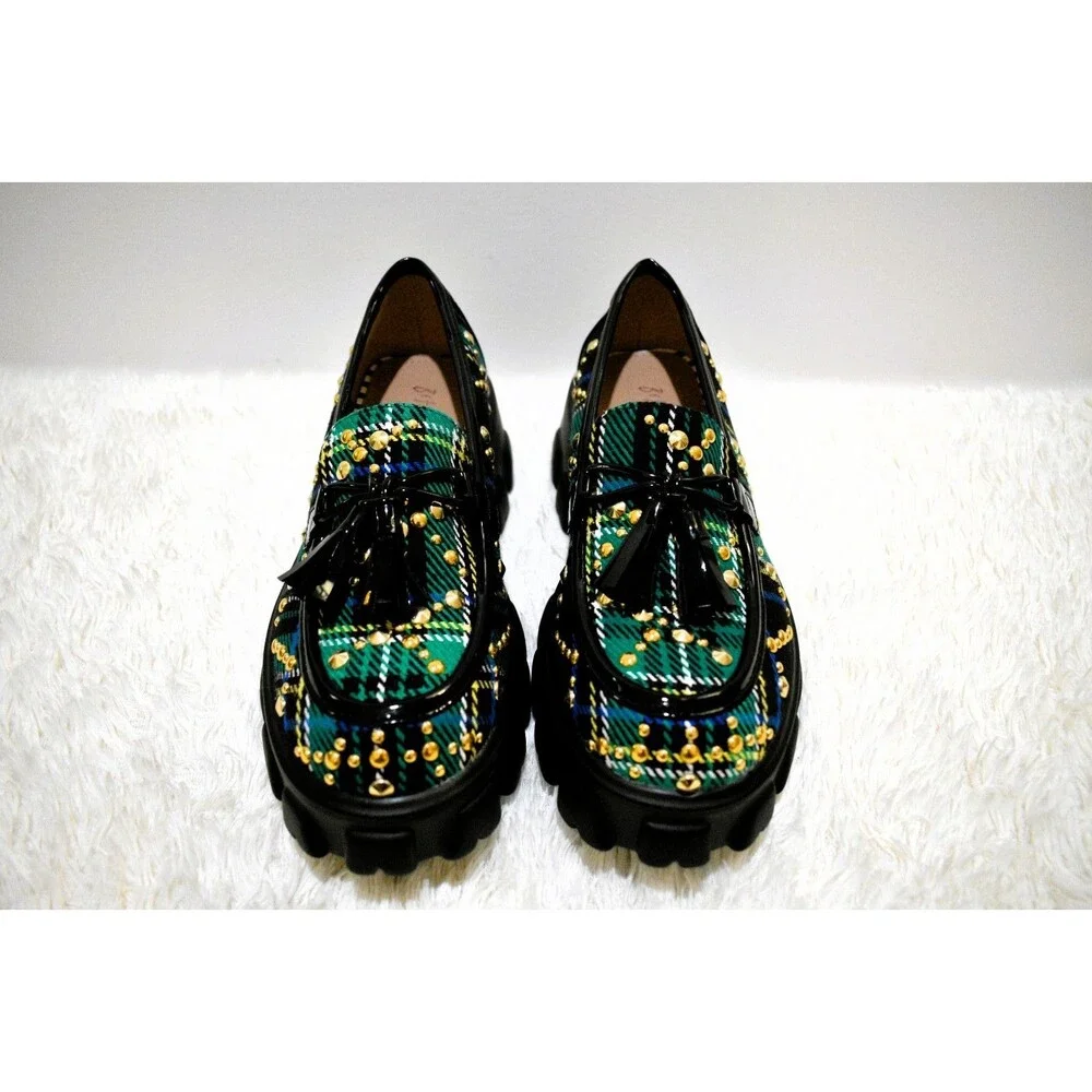 Betsey Johnson Aleah Green Plaid Studded Tassel (3163) Loafers - Women's 6.5
